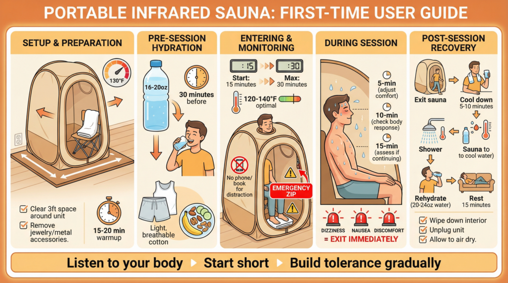 Step-by-step visual guide for first-time portable infrared sauna users

Five-panel instruction guide showing proper setup, hydration preparation, session monitoring, and post-session recovery for portable infrared sauna beginners