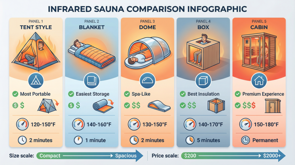 Comparison of top five portable infrared sauna kits including tent styles, blanket, and dome