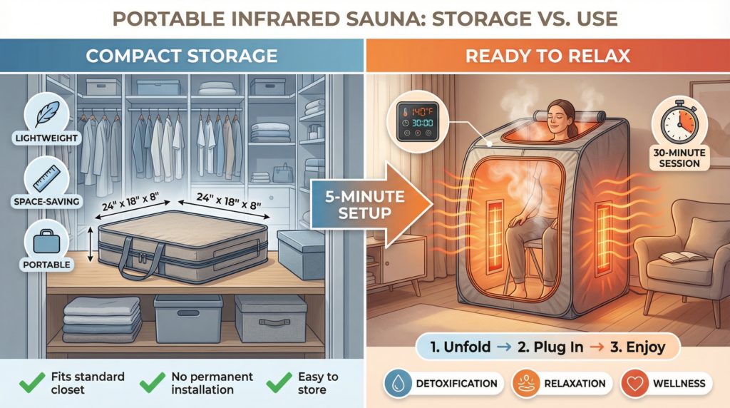 Portable infrared sauna kit folded for storage and expanded for home use