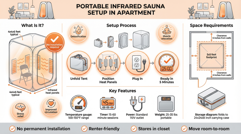 Compact portable infrared sauna tent assembled in a modern urban apartment living room