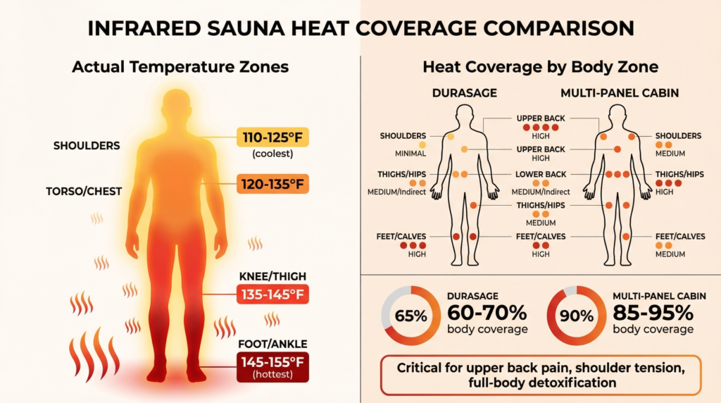 Heat distribution map illustrating temperature zones from foot pad heating in Durasage portable sauna